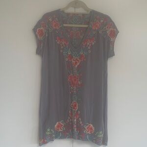 Johnny Was Gray Mini Dress with Red and Blue Floral Embroidery